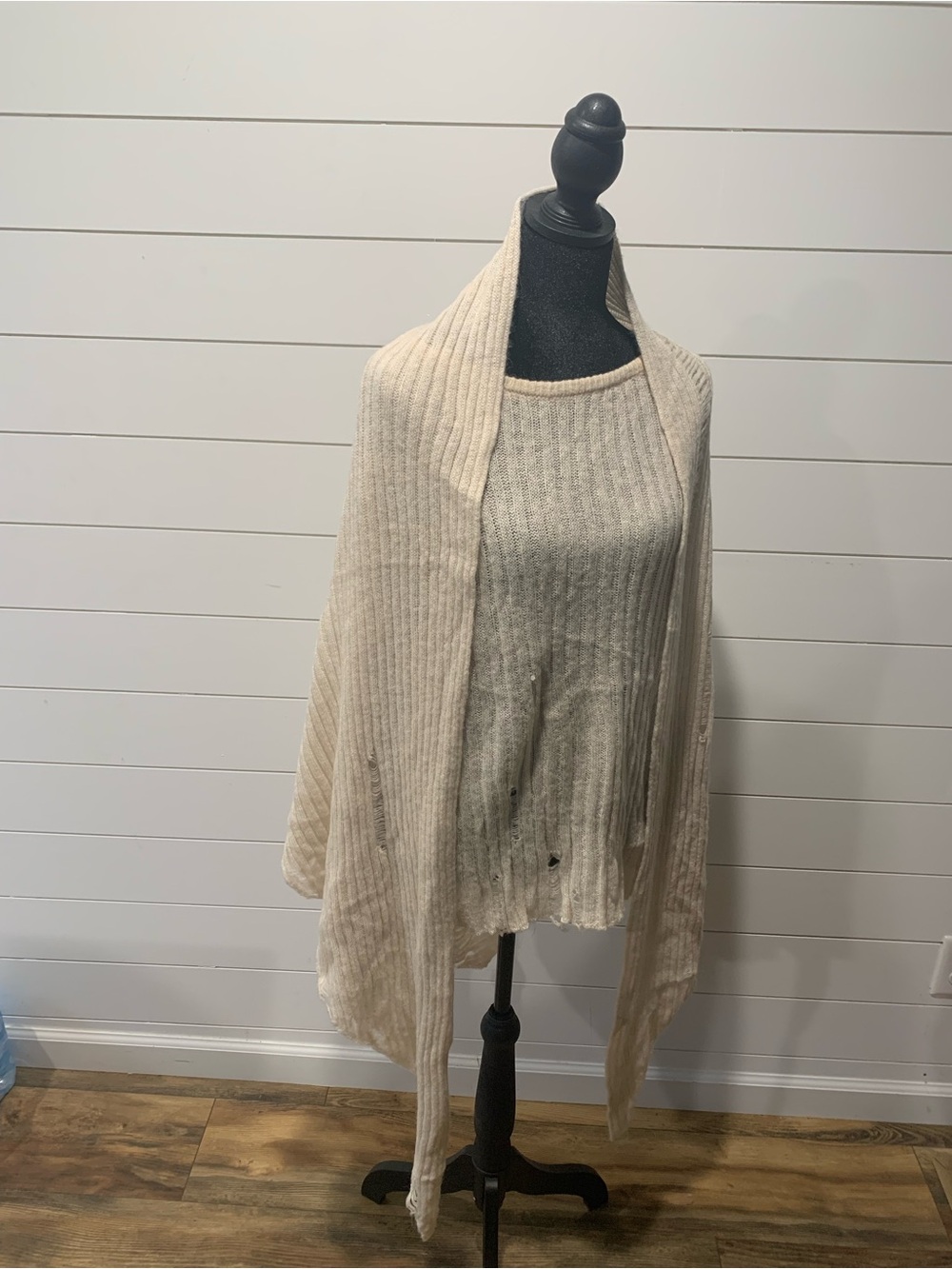 Cream Ribbed Open Front Women's Sweater Wrap